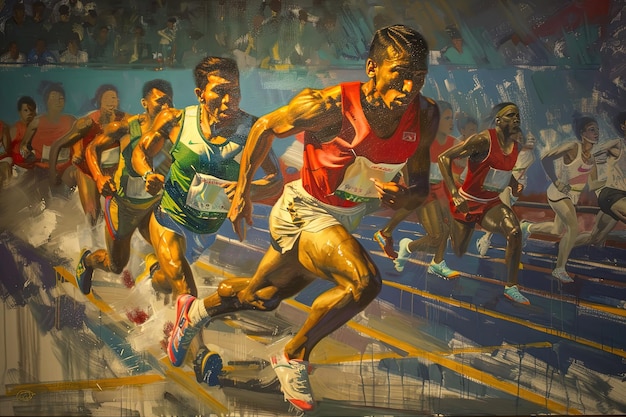 A painting of a man running in a race