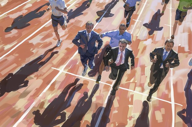 A painting of a man running on a track with a man in a suit and tie