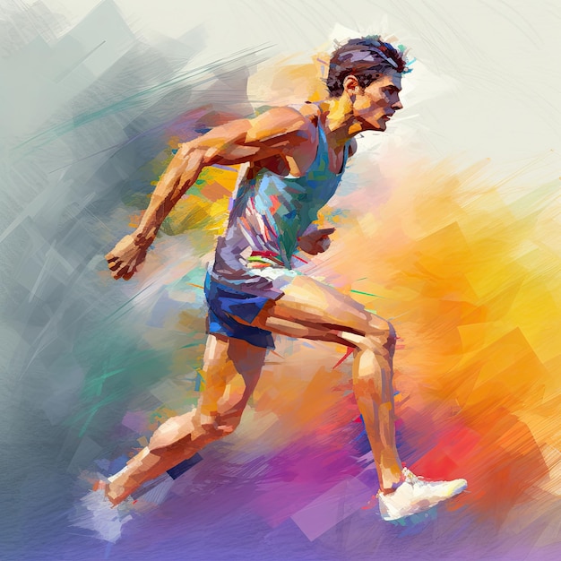 A painting of a man running with the number 5 on his shirt.