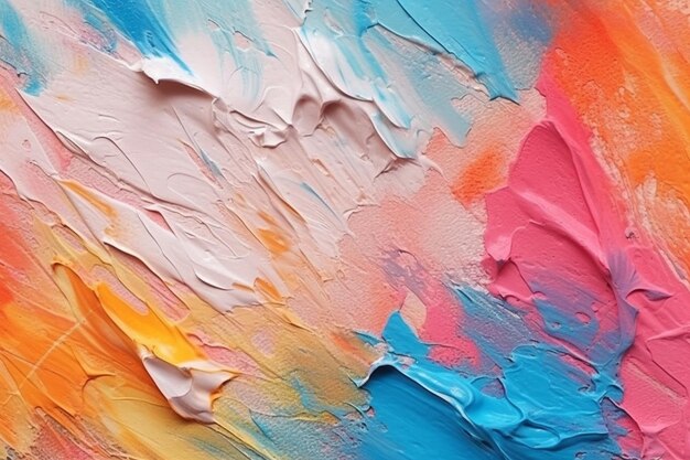 a painting of a man's face is painted in pink, blue, and orange.