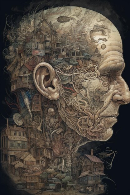 A painting of a man's head with a lot of things on it.