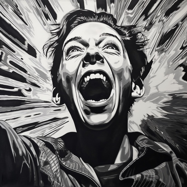 painting of a man screaming with his mouth open and his hands in the air generative ai