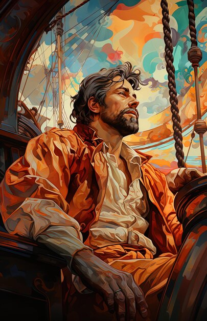 Photo a painting of a man on a ship that says  jesus