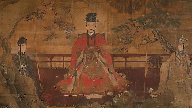 Photo a painting of a man sitting on a bench with a red robe on it