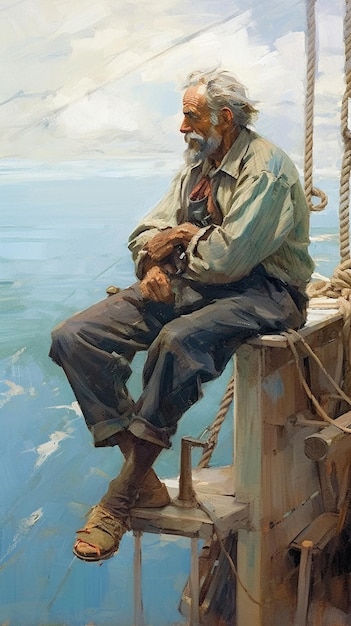 Photo a painting of a man sitting on a boat