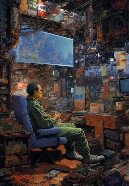 Painting of a man sitting in a chair in a room full of boxes generative ai