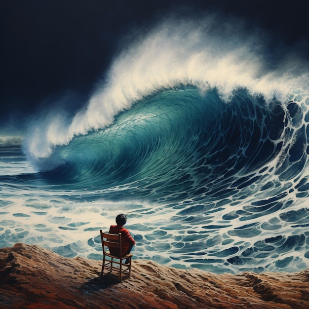 painting of a man sitting in a chair watching a large wave generative ai