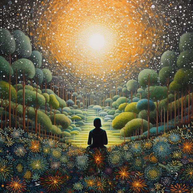 Foto dipinto di un uomo seduto in un campo di fiori che guarda il sole generativo ai