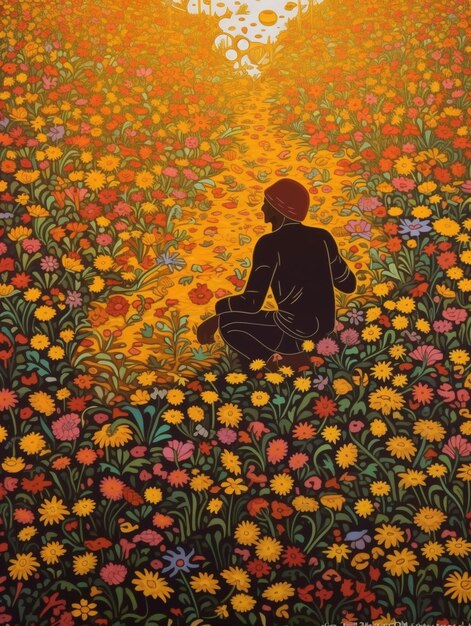 Painting of a man sitting in a field of flowers with a sun in the background generative ai