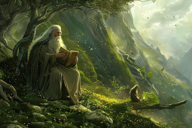 A painting of a man sitting in a forest reading a book