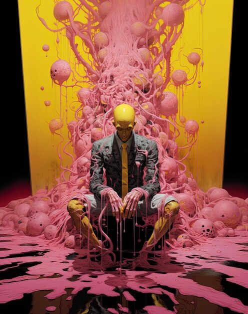 Foto un dipinto di un uomo seduto di fronte a uno sfondo giallo con le parole la parola gelatina