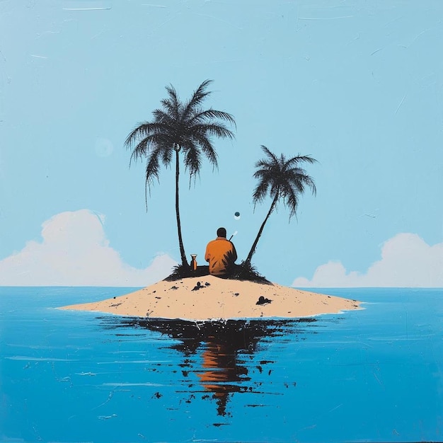 Photo a painting of a man sitting on an island with palm trees