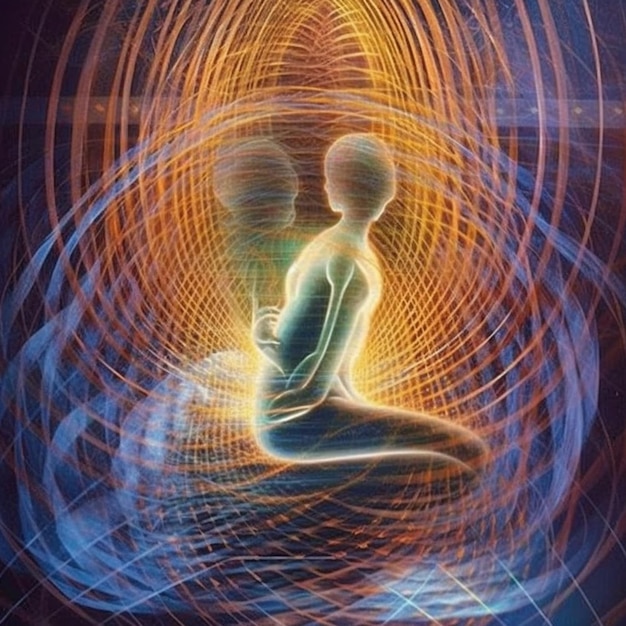 Photo a painting of a man sitting in a meditation position with a light shining through his body generative ai