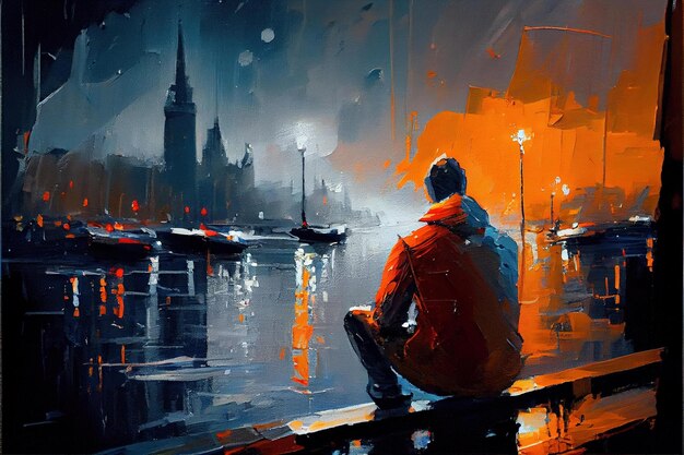 A painting of a man sitting on a pier looking at the city lights