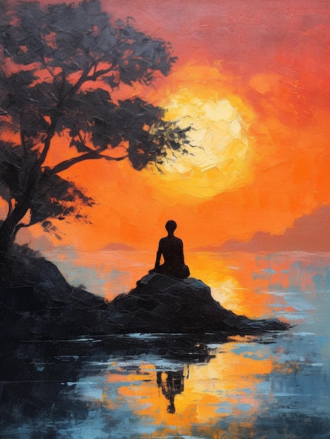 Painting of a man sitting on a rock in front of a sunset generative ai