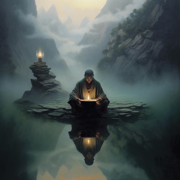 painting of a man sitting on a rock with a book in his lap generative ai