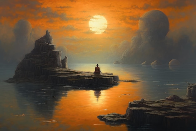 A painting of a man sitting on a rock with the sun setting behind him.