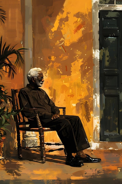 A painting of a man sitting in a rocking chair