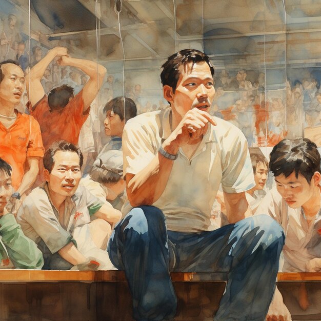 Photo a painting of a man sitting in a room with other people.