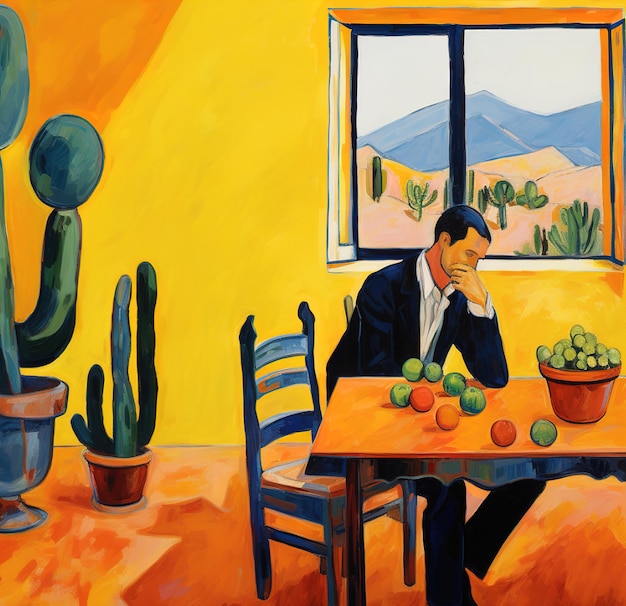 A painting of a man sitting at a table with a pot of fruit and a window in the background