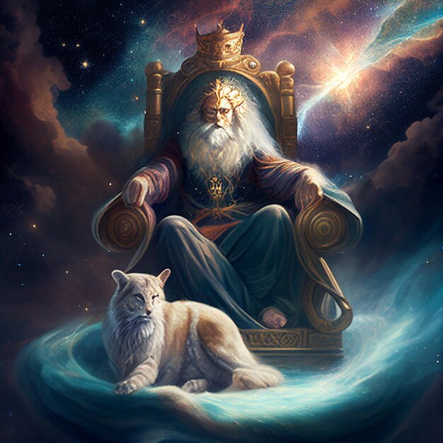 painting of a man sitting on a throne with a cat generative ai