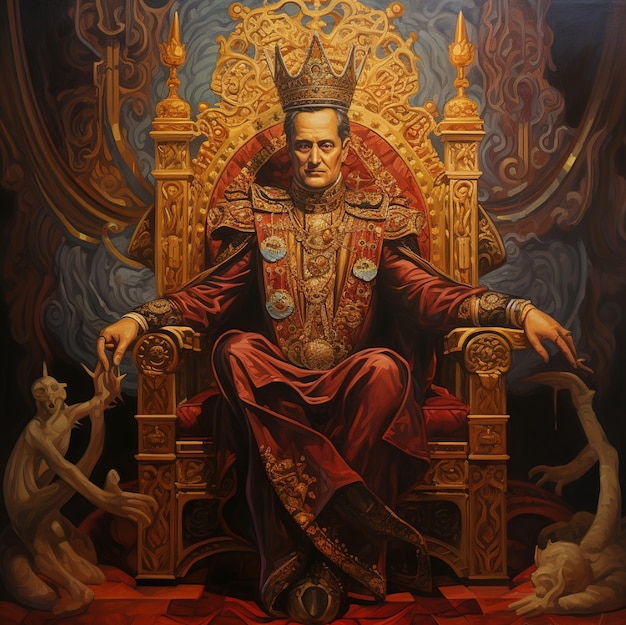 a painting of a man sitting on a throne.