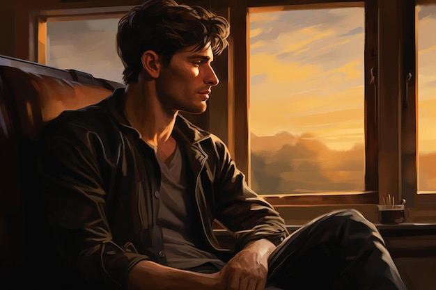 a painting of a man sitting on a train with the sun setting behind him.