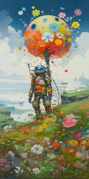 A painting of a man in a space suit and a tree with a red flower on it.