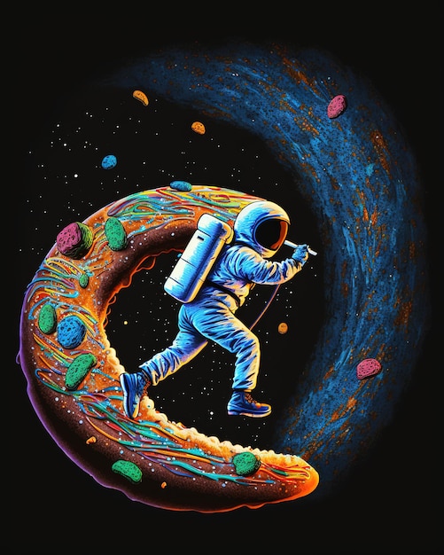 A painting of a man in a spacesuit and a moon