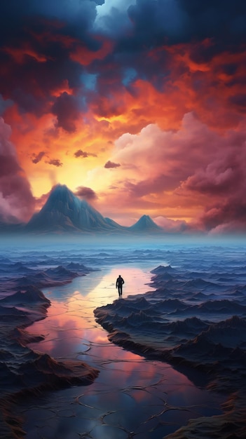Foto un dipinto di un uomo in piedi su una spiaggia al tramonto