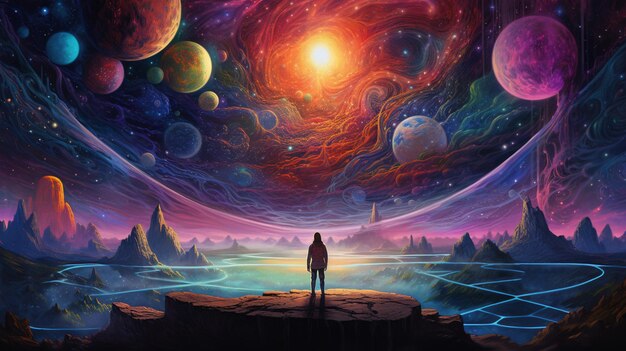 Картина человека, стоящего на скале и смотрящего на красочную галактику.