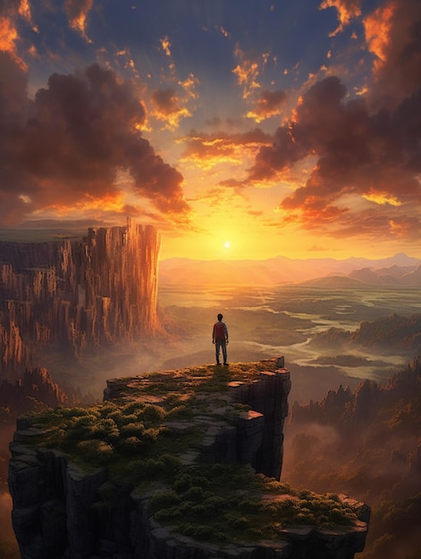 painting of a man standing on a cliff overlooking a valley generative ai