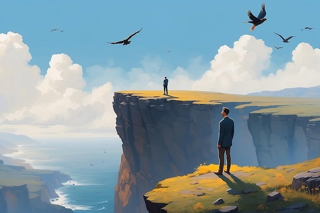 A painting of a man standing on a cliff with a bird flying over it generative ai