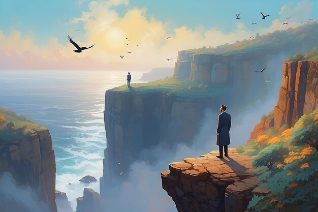 A painting of a man standing on a cliff with a bird flying over it generative ai