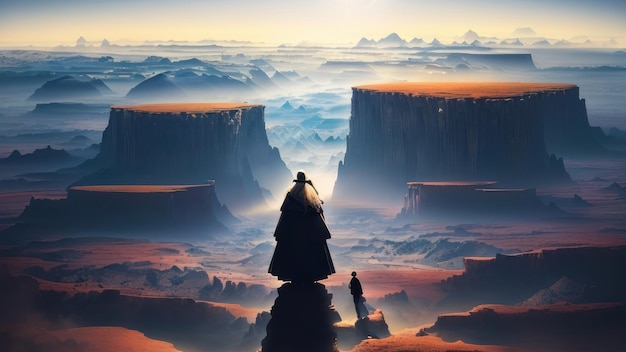 A painting of a man standing on a cliff with the sky in the background.