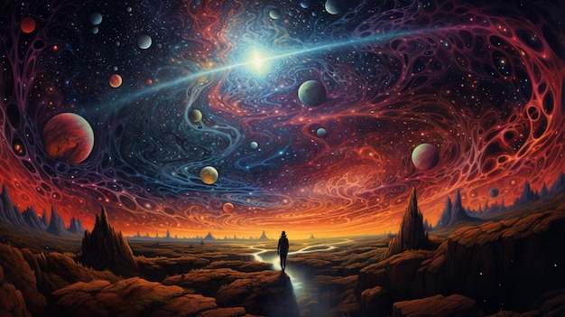 Painting of a man standing in a desert looking at planets generative ai