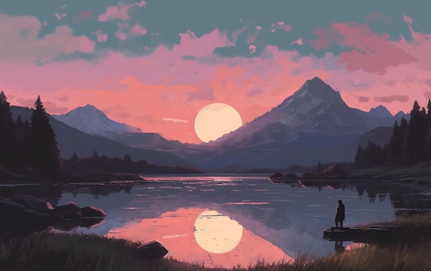 Painting of a man standing on a dock looking at a mountain lake generative ai