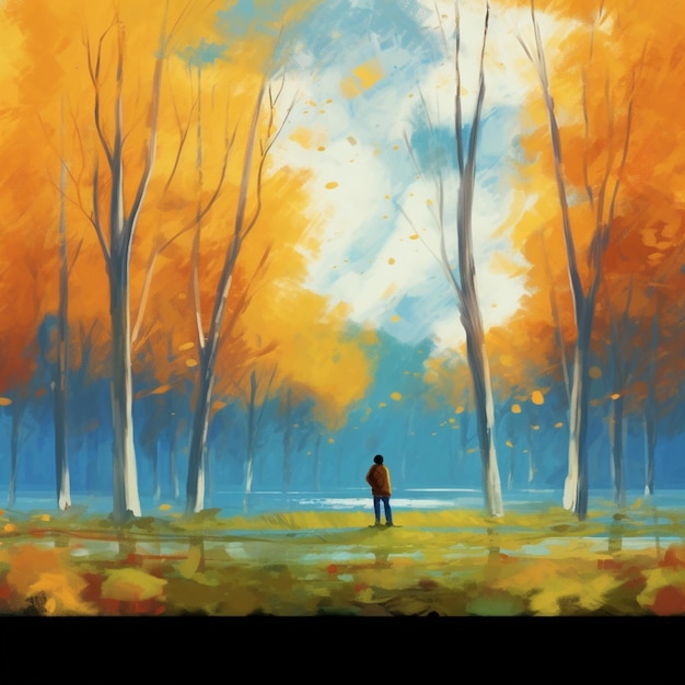 Картина человека, стоящего в поле с деревьями на заднем плане