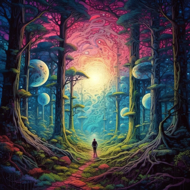 A painting of a man standing in a forest looking at a bright sun generative ai