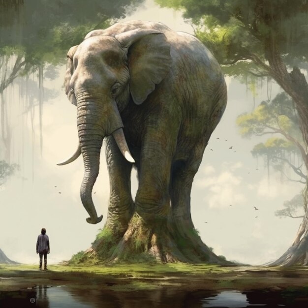 painting of a man standing in front of an elephant in a forest generative ai