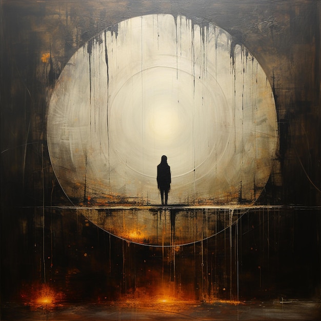 Photo painting of a man standing in front of a giant circular painting generative ai