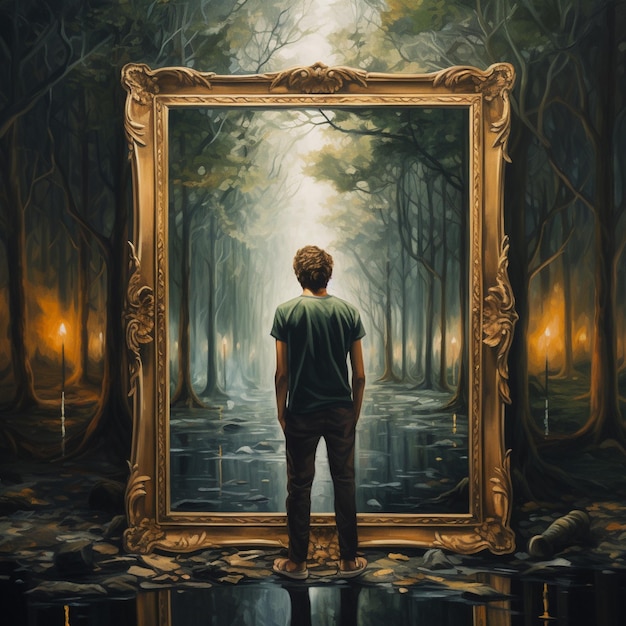 painting of a man standing in front of a mirror in a forest generative ai