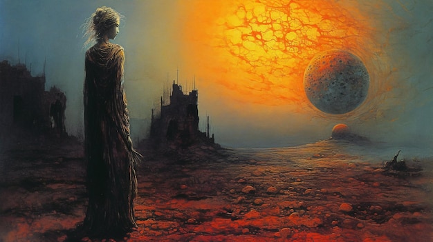 A painting of a man standing in front of a planet with a star on the top.