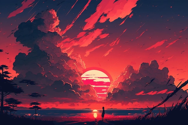 Premium AI Image | A painting of a man standing in front of a sunset