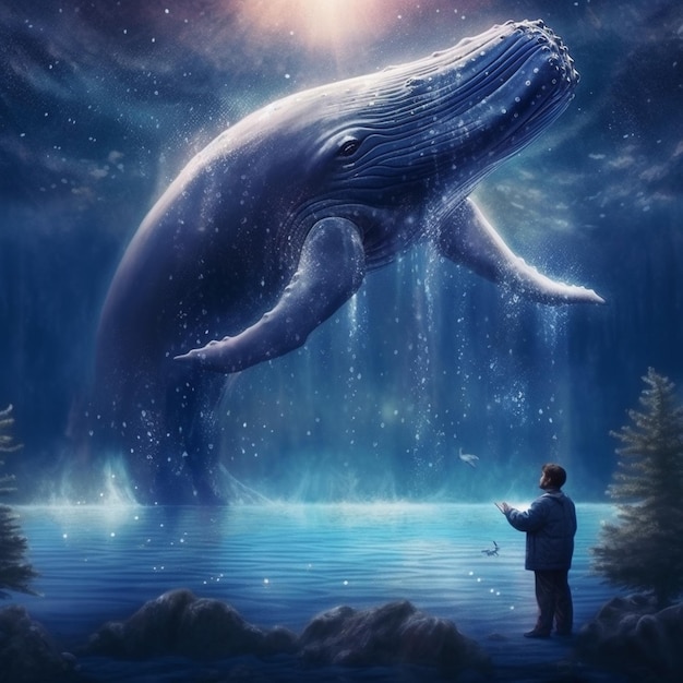 Painting of a man standing in front of a whale in the ocean generative ai