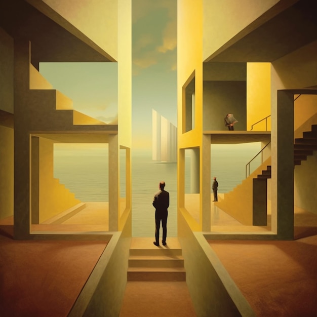 painting of a man standing in a hallway between two buildings generative ai