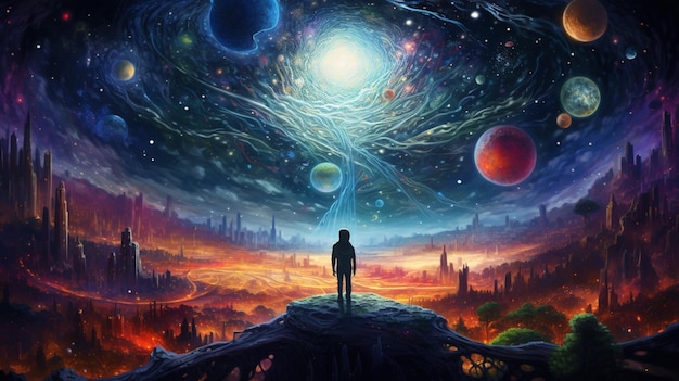 painting of a man standing on a hill looking at a galaxy generative ai