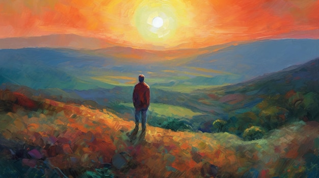 Photo a painting of a man standing on a hill looking at the sun