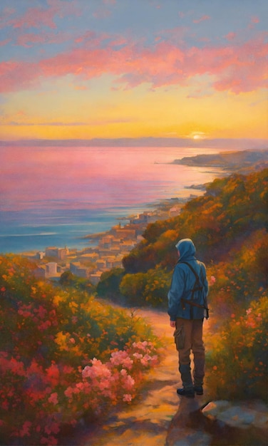 a painting of a man standing on a hill overlooking a city