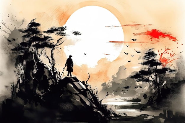 A painting of a man standing on a hill with a red sun behind him